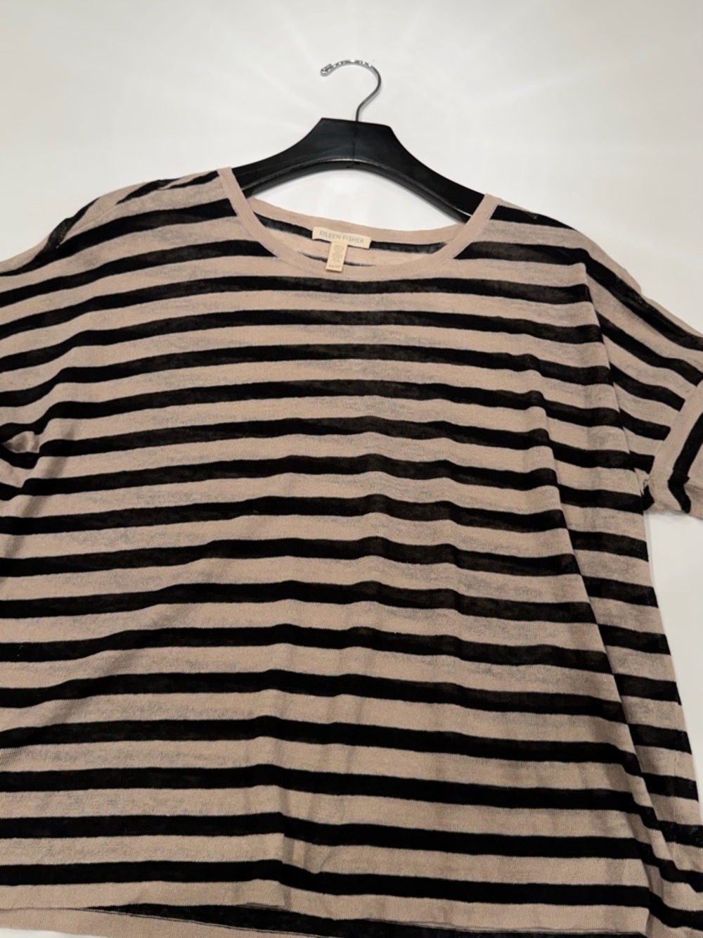 Eileen Fisher Black and Beige Striped Short-Sleeve Knit Tee